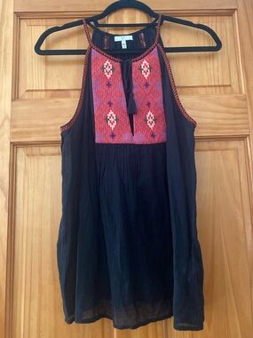 Joie Black Embroidered Boho Tunic Top Tassel Tie Sheer Cotton S